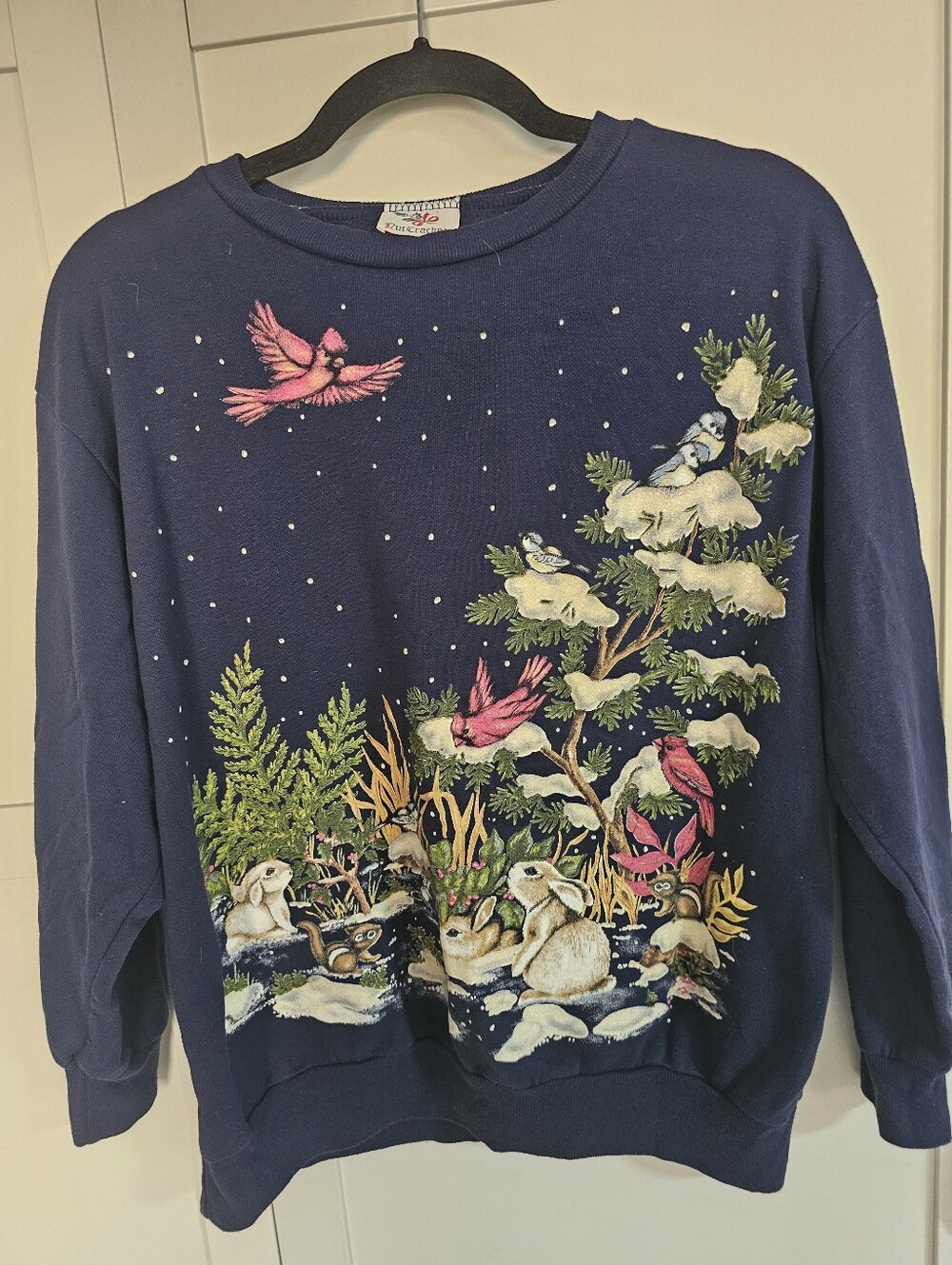 Vintage NutCracker Sweatshirt M Christmas Cardinals Rabbits Snowy Woodland USA